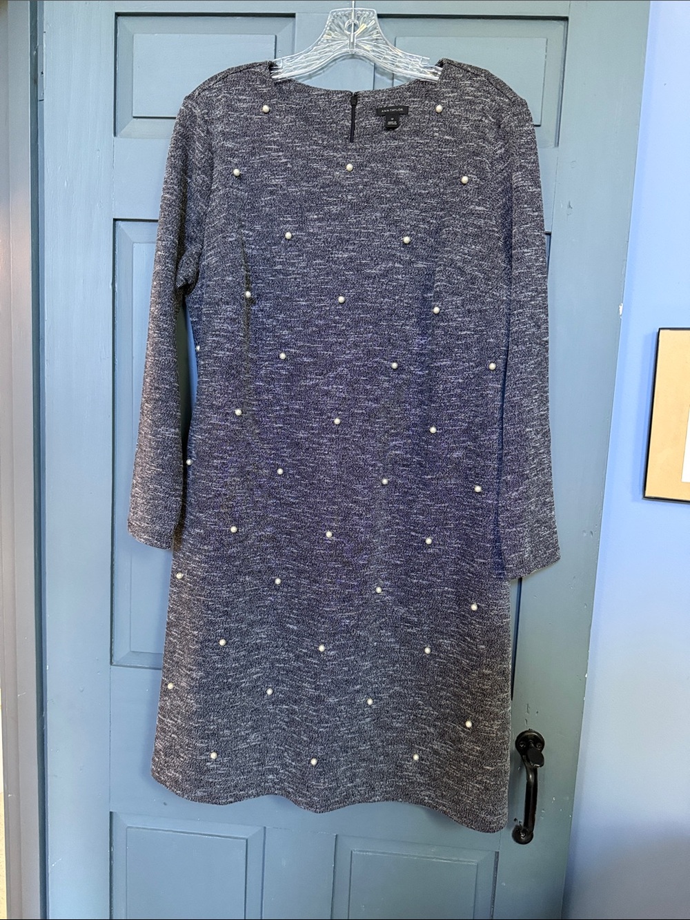 Ann Taylor Pearl-Embellished Gray Knit Shift Dress